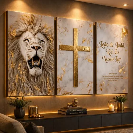 Quadro Decorativo 3 Peças Leão Branco Divino Cruz Dourada Apocalipse 5 Fundo Mármore Casa Sala Quarto Decoração Parede