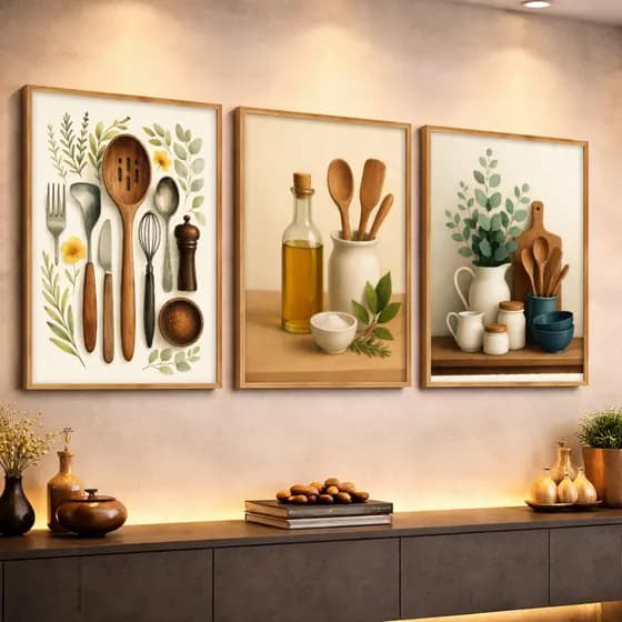 Kit 3 Quadros Decorativos Utensílios Cozinha Gourmet Moderno Sala Jantar Parede Exclusivo Grande Hall Sala