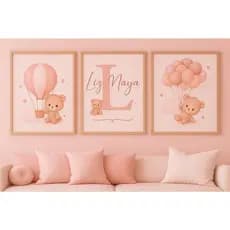 Quadro Decorativo Nome Personalizado Para Quarto 3 Peças Ursinhos Balões Rosa Bebê