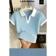 Blusa Gola polo Feminina Canelada Algodão manga curta bicolor moda gringa