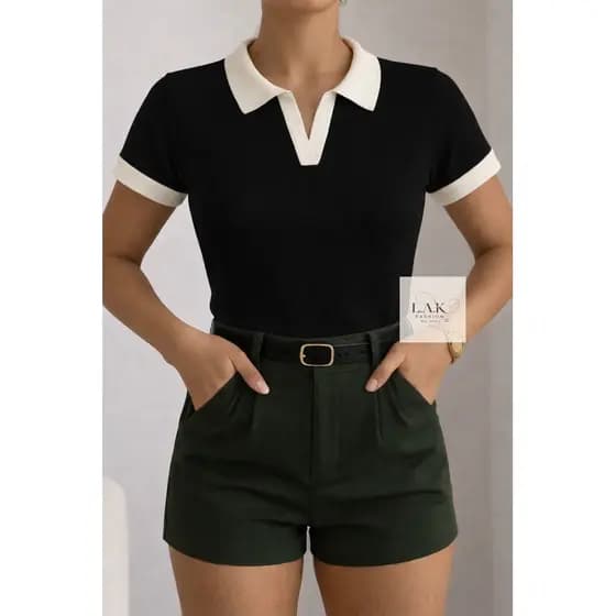 Blusa Polo Bicolor Feminina Canelada Moderna e Confortável Chic
