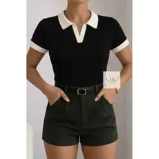 Blusa Polo Bicolor Feminina Canelada Moderna e Confortável Chic