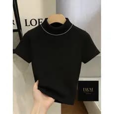 Camisa Gola Alta Feminina Manga Curta Ribana Canelada Casual e Elegante