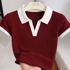 Camisa Retrô Gola Polo Bicolor Feminina Manga Curta Malha Ribana Canelada