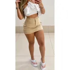 Saia Cargo Jeans Levanta Bumbum Cintura Alta Bolsos Laterais