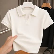 Camiseta Gola Polo Feminina Manga Curta Elegante Lisa Cor Sólida Ribana Canelada Algodão