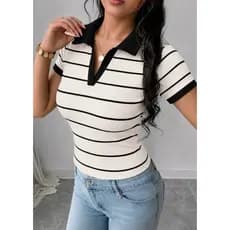 Camiseta Gola Polo Listrada Ribana Canelada Feminina Manga Curta Elegante