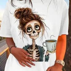 Camiseta Feminina Estampa de Caveira Mulher Verão Halloween Blusa Algodão