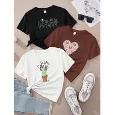 Kit com 3 blusas cactus coracao e flor seja forte e corajosa tendencia marrom branca e preto 100% algodão