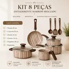 Jogo de Panelas 8 Peças Antiaderente Luxo Tampa de Vidro, Com Utensílios Teflon, Eçegante