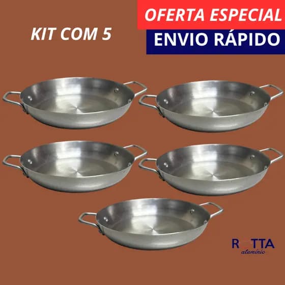 KIT COM 5 FRIGIDEIRA PERGAMINHO N22 1L ALUMÍNIO POLIDO REFORÇADA TRADICIONAL FUNDO ARREDONDADO ALÇA FIXA