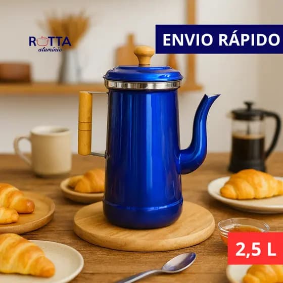 BULE N10 2,5 L AZUL METÁLICO COM CABO DE MADEIRA E PEGADOR DA TAMPA ME MADEIRA ALUMÍNIO RETRÔ CANTINHO DO CAFÉ