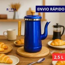 BULE N10 2,5 L AZUL METÁLICO COM CABO DE MADEIRA E PEGADOR DA TAMPA ME MADEIRA ALUMÍNIO RETRÔ CANTINHO DO CAFÉ
