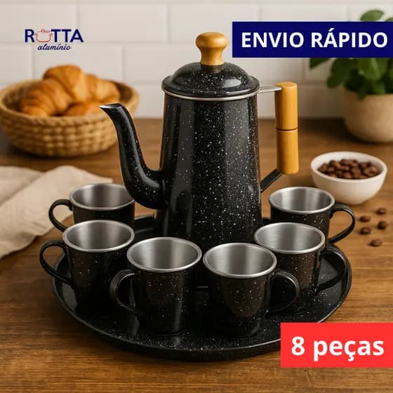 KIT CAFEZINHO 8 PEÇAS  1 BULE DE 1L COM 6 XICARAS 150ML E 1 BANDEJA  EM ALUMÍNIO COM CABO E PEGADOR DA TAMPA DE MADEIRA