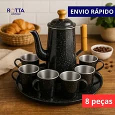 KIT CAFEZINHO 8 PEÇAS  1 BULE DE 1L COM 6 XICARAS 150ML E 1 BANDEJA  EM ALUMÍNIO COM CABO E PEGADOR DA TAMPA DE MADEIRA