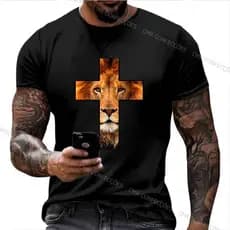 Camiseta Masculina Leão Cruz 100% Algodão Premium Casual Promoção