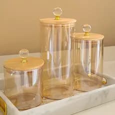 Kit 3 potes herméticos para cozinha Vidro Luxo Pote com Tampa de Bambu
