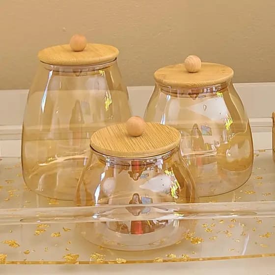 Kit Pote Dourado Vidro para tempero com tampa hermética de bambu para mantimentos Cozinha organização