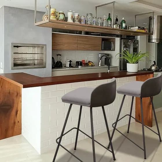 Kit 2 Banquetas Nobre Ilha Alta Bistrô Estofada Em Linho Detalhe - Pés Preto