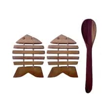 Kit 2 Descanso de Panela Peixe e Colher Arroz G - Utensílios de Cozinha em Madeira Maciça Artesanal