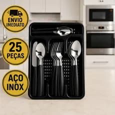 Jogo De Talheres 25 Peças Inox Faqueiro Com Porta Talheres Garfos Colheres E Facas