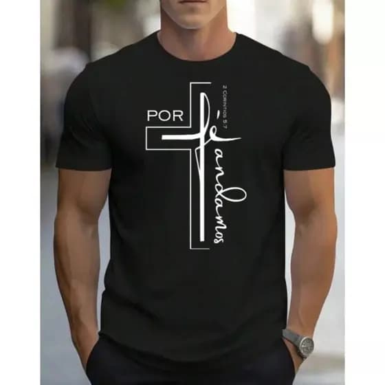 amiseta Gospel Masculina Por Fé Andamos 2 Coríntios 5:7 Cristã, camisa Por Fé Andamos, gola redonda.