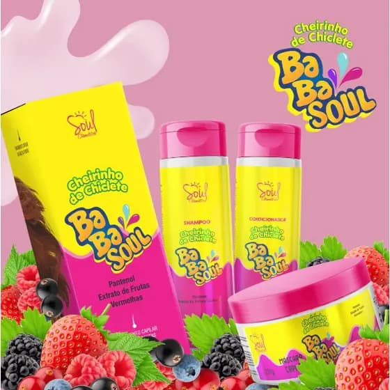 Kit Capilar Babasoul Soul Cosméticos 3 Itens Shampoo Condicionador Máscara Hidratação Cabelos Fragrância Chiclete