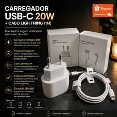 KIT Carregador Iphone Cabo + Fonte USB - C Lightning Turbo 20W Serie 8 11 12 13 14 Envio Imediato