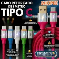 Cabo USB Tipo C Turbo 1 Metro Carga Rápida Colorido Emborrachado Reforçado Transmissão de Dados p/ Celular Android