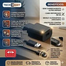 KIT Carregador Cabo e Fonte Turbo 50W V8 Entrada Micro-USB V8 Cabo Reforçado Para Celular Tablet Android Envio Imediato