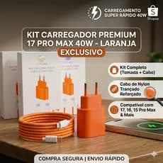 KIT Carregador Carregamento Turbo 40W Cabo e Fonte iPhone 15 / 16 / 17 Laranja Premium