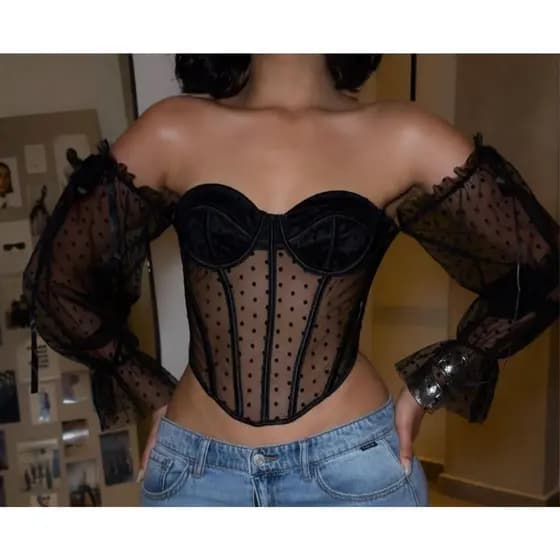 corset em tule poá corset de tule com bolinhas corset busto camurça corset com recorte em camurça corset cruzado