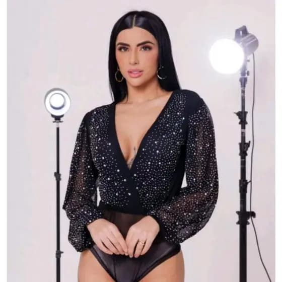 body manga longa decote V profundo body decote V em tule body com strass feminino body manga longa com brilho body