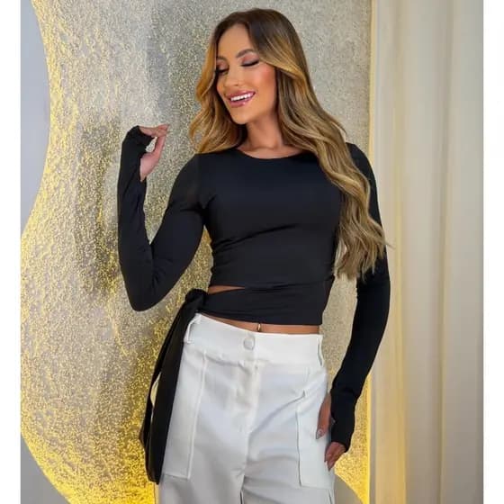 cropped manga longa, cropped com dedeira, cropped com amarração, cropped ajustável, cropped moda feminina, cropped casua