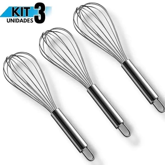 Kit 3 Batedor Fouet Fue Profissional De Ovos e Massas Cabo Reforçado 25cm