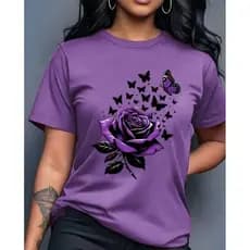 Camiseta Feminina Camisa T Shirt 100% Algodão Estampa Flor Rosa Borboletas Envio Imediato