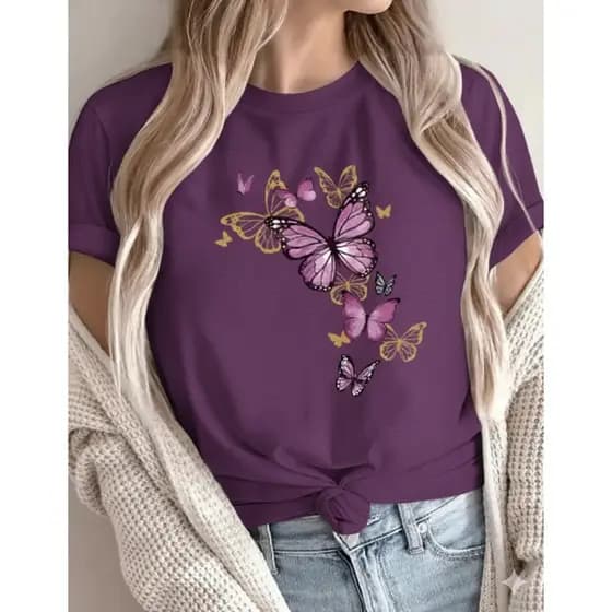 Camisa T-Shirt Feminina Camiseta Básica Com Estampa De Borboletas Blusa 100% Algodão