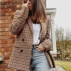 Blazer Feminino Vintage de Manga Longa com Lapela e Abotoamento Duplo em Xadrez da BPMW HW