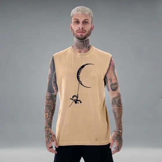 Camiseta Over Regata Oversized Camisa Machão Cavada Lua Astronauta Tecido Algodão