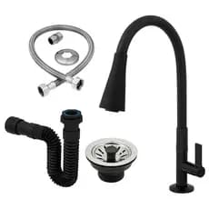 Kit Torneira Gourmet Preta Fosca + Sifão + Válvula Americana + Engate Flexível