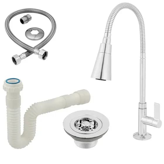 Kit Torneira Gourmet Flexível Inox + Sifão Sanfonado + Válvula Americana + Engate Flexível Cozinha