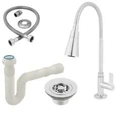 Kit Torneira Gourmet Flexível Inox + Sifão Sanfonado + Válvula Americana + Engate Flexível Cozinha