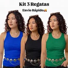 Kit 3 Blusa Feminina Regata Plus Size Canelada Elastano Regata Ribana Regata Feminina Algodão