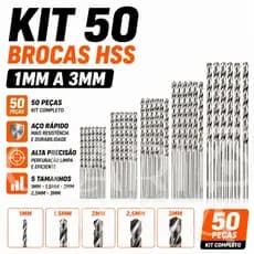 Kit 50 Brocas Aço Rápido HSS 1mm 1,5mm 2mm 2,5mm 3mm Para Furadeira Precisão