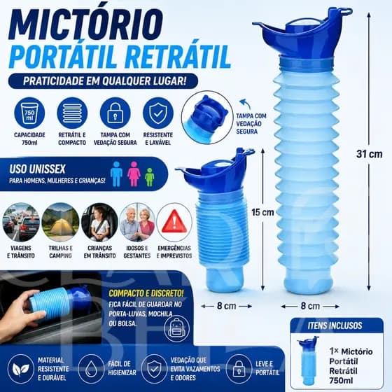 Mictório Portátil Retrátil 750ml Unissex Masculino Feminino Infantil Urinol Para Viagem Carro Camping