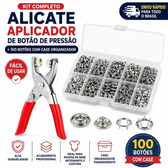 Kit Alicate Aplicador de Botão de Pressão Metal + 100 Botões Com Case Organizador Costura Artesanato Roupas Bebê