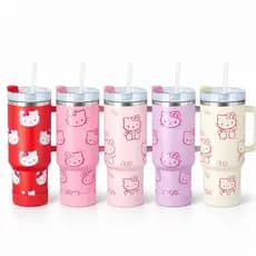 Copo Térmico 1200ml Gato Fofo Inox com Canudo Silicone e Base com apoio de silicone