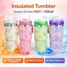 Copo Garrafa Térmico Inox Portátil 420ml com Canudo Alça e Tampa Desenho de Laço flor  para Crianças