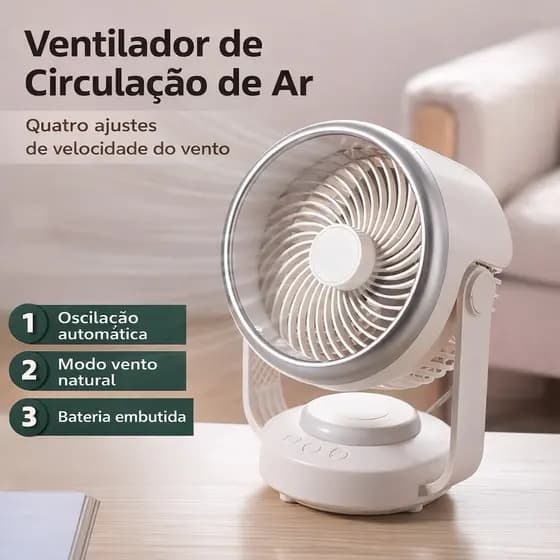 Ventilador de Mesa Portátil Recarregável USB 180° Silencioso 4 Velocidades 11h Autonomia Luz Noturna