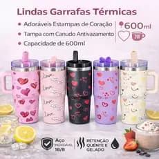 Copo Garrafa Térmico 600ml Estampa de Corações Com Canudo Chupeta Alça Para Crianças Escola Trabalho